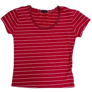Americana‎ USA Nautical Vacation Ocean Red White Striped Lace Trim Scoop Neck